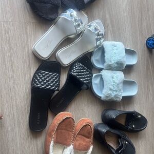 Silver and Black Slide Sandals with Woven Pattern